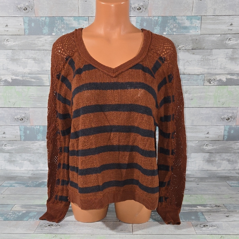 We The Free BoHo Lace Brown and Navy Striped Sweater Sz Small